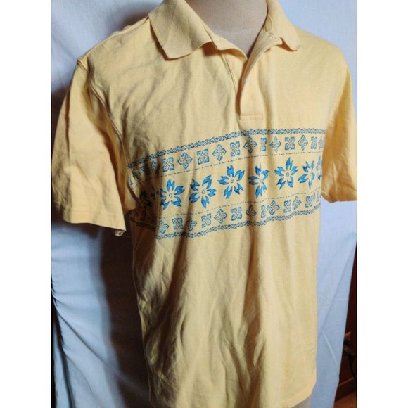 Chaps Ralph Lauren Polo Shirt Mens  Yellowy Gold w Blue Floral Chest Band Size L - Picture 4 of 6